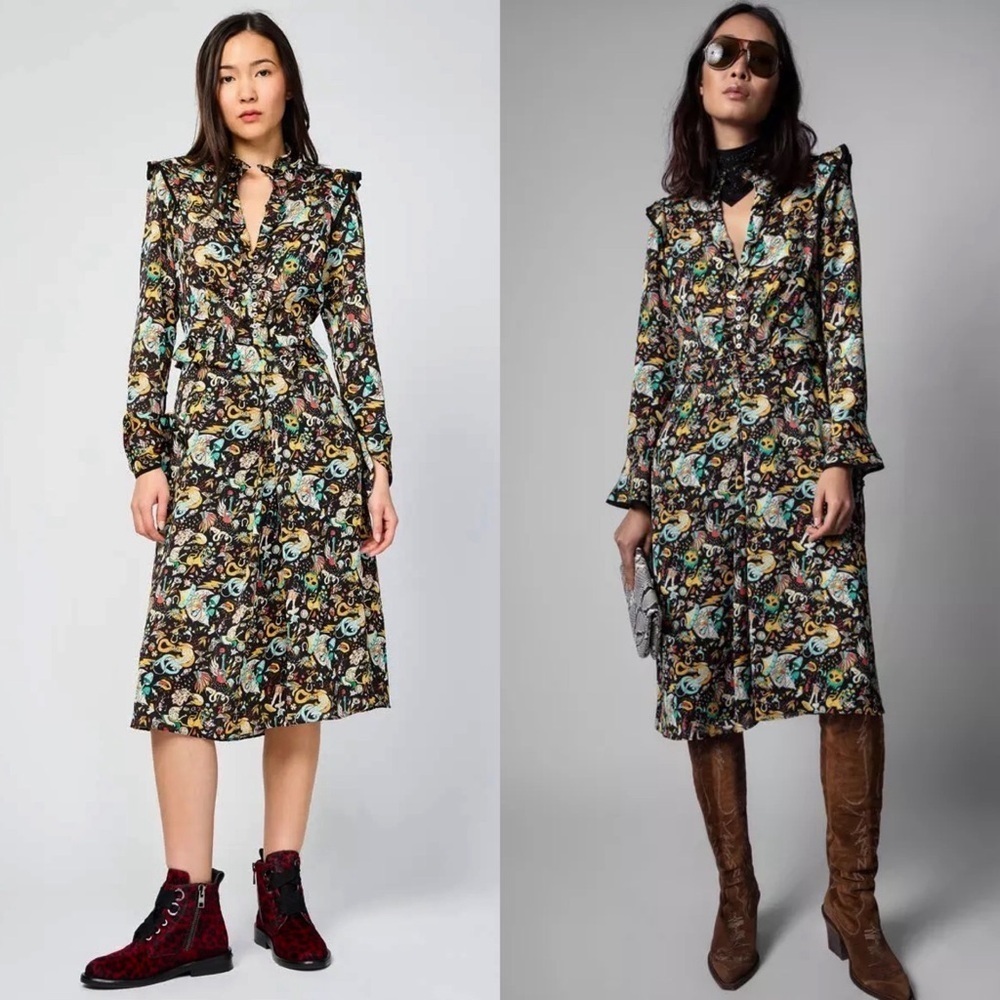 NEW ZADIG VOLTAIRE Circus Print Long Sleeve Tie Cuff Ruffled Button Up‎ Dress XS